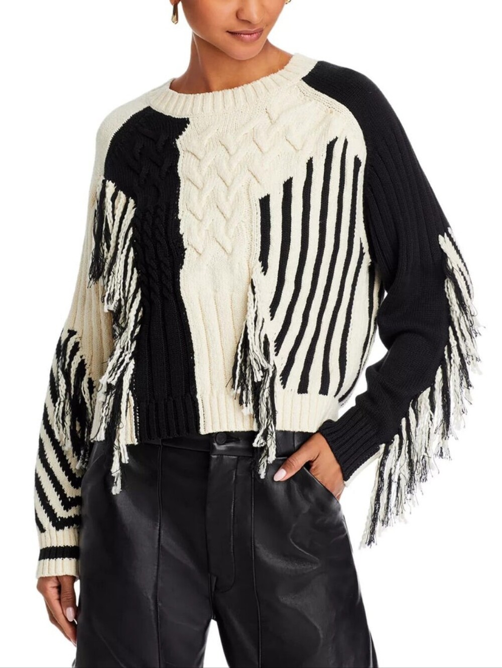 MOTHER The Jumper Slice Crewneck Cable Knit Sweater Black White Med New $450
